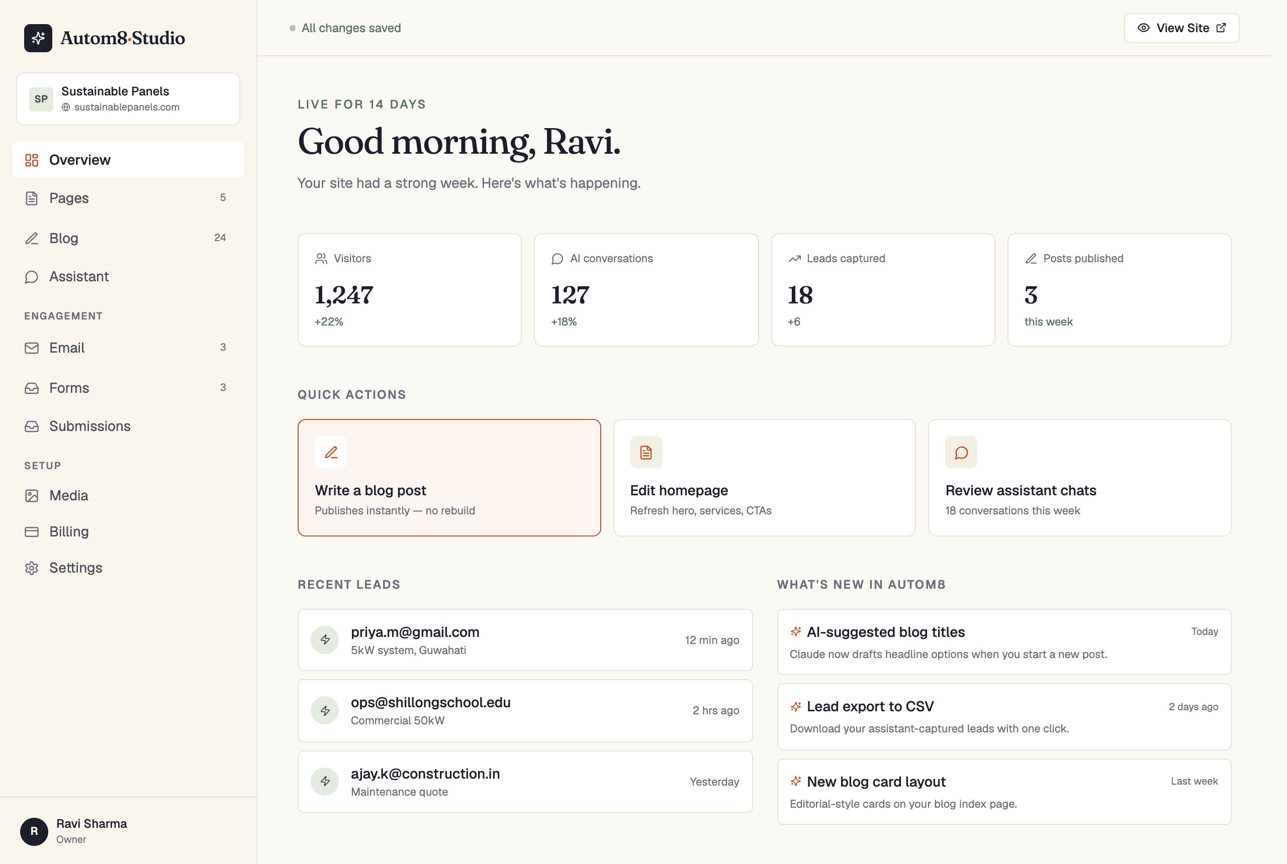 The Autom8Minds Studio client dashboard